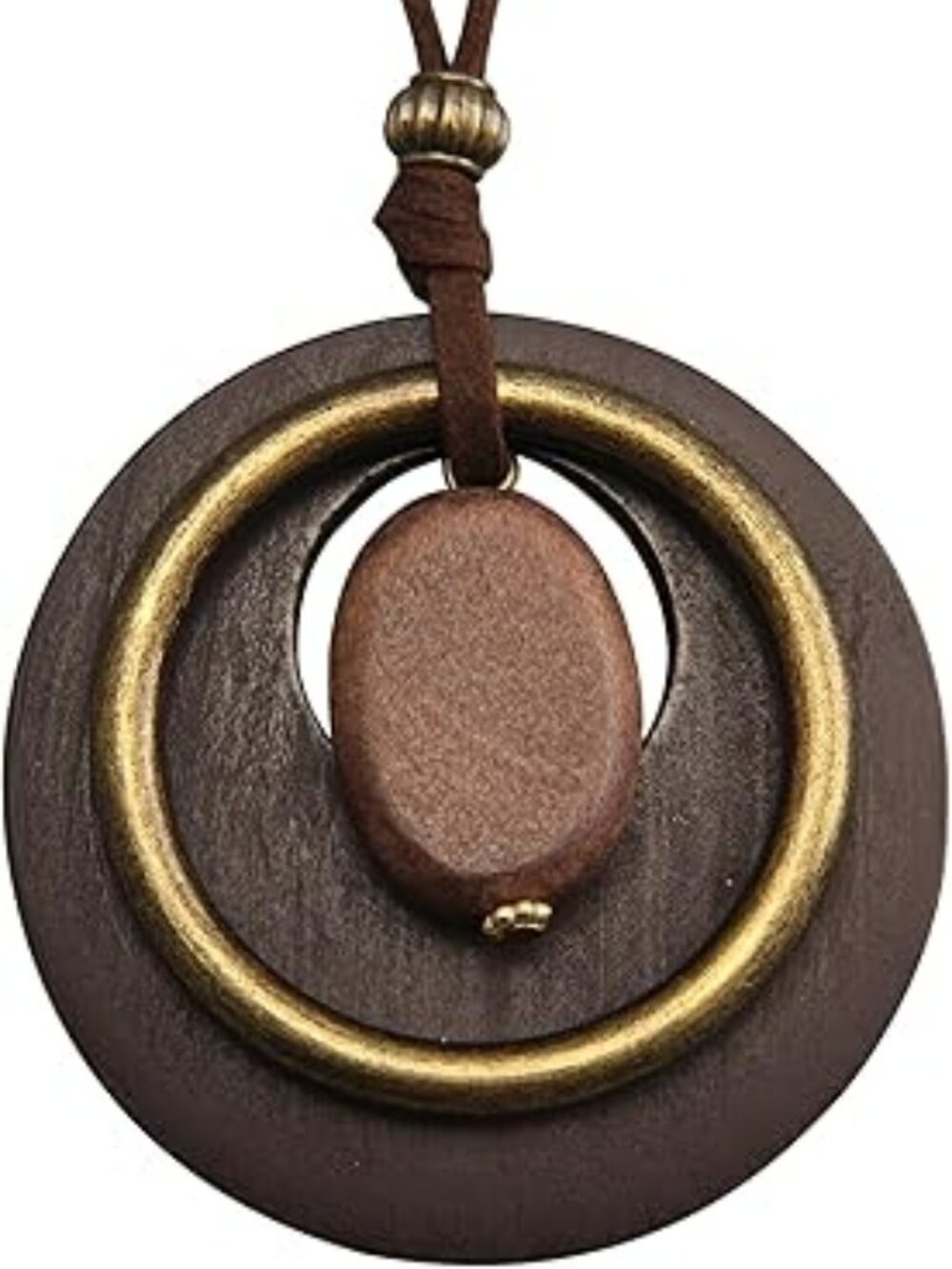 NEW Boho Leather Cord Necklace Chain Wooden & Large Metal Pendant Jewelry Round